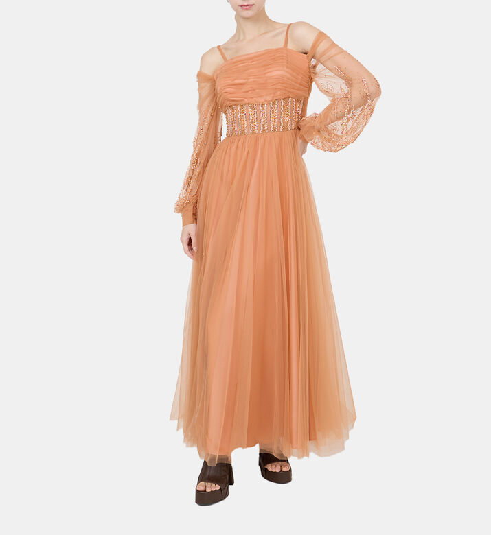 فستان تول مزخرف بالخرز والترتر