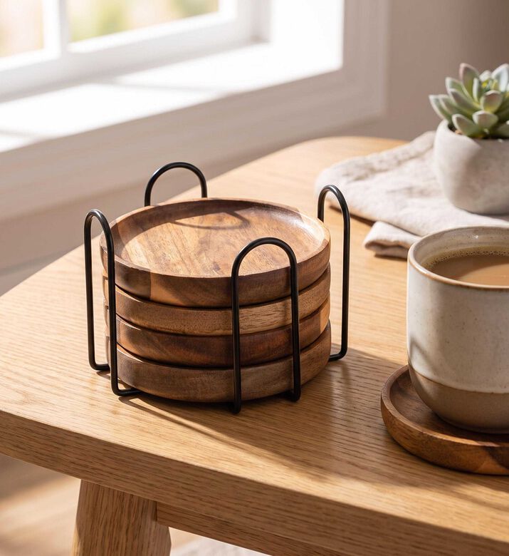 Estia Allure Wooden Coasters Metal Base Set Of 4, Model View