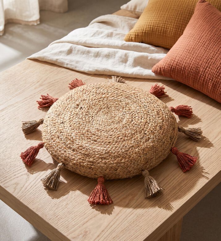 Alizea Sunny Jute Terracotta Pom Pom Cushion, Packshot View
