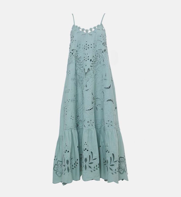 فستان واسع بدون أكمام وياقة في بتطريز أزهار