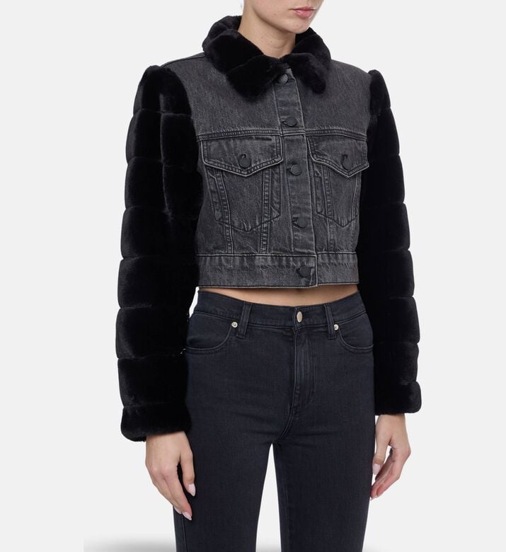 Alice and Olivia Faux Fur Long-sleeve Denim Jacket, Model View