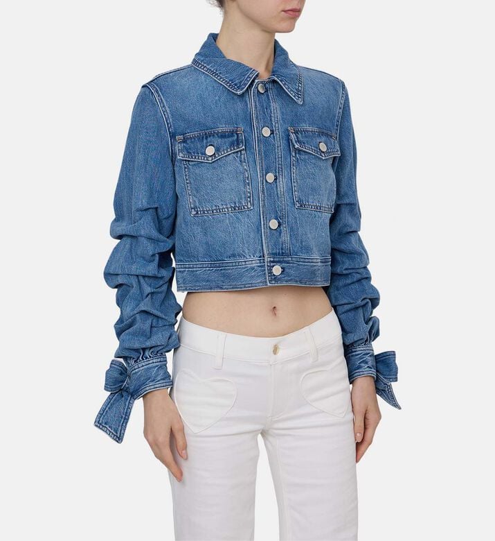 Tiff Ruched-sleeve Cropped Denim Jacket