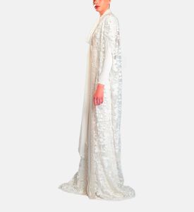 Michael Cinco Floral-embroidery Cape Flared Dress, White, Xl, Model View