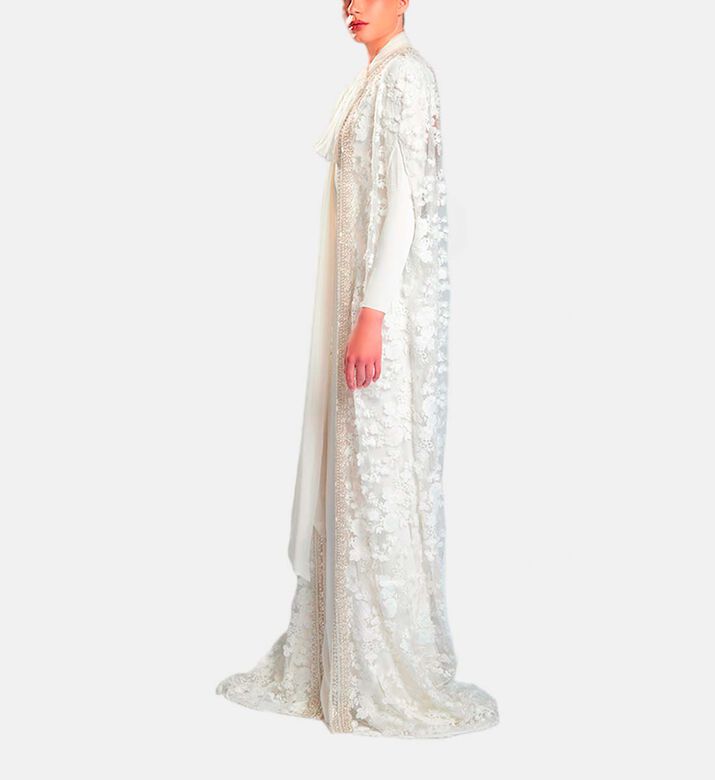 Michael Cinco Floral-embroidery Cape Flared Dress, White, Xl, Model View