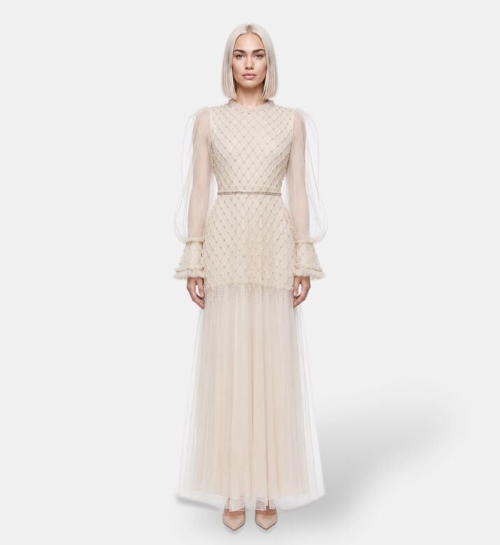 Suzy Matar Tulle Embellished Evening Gown, Model View
