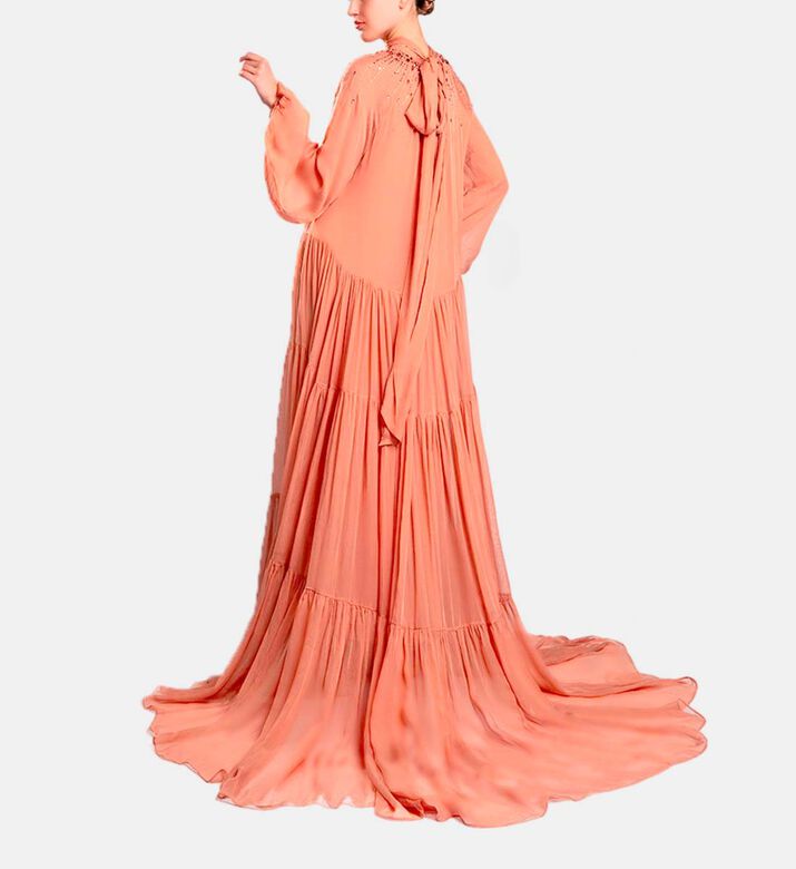 Michael Cinco Long-sleeve High Neck Flared Dress, Light-brown, Model View