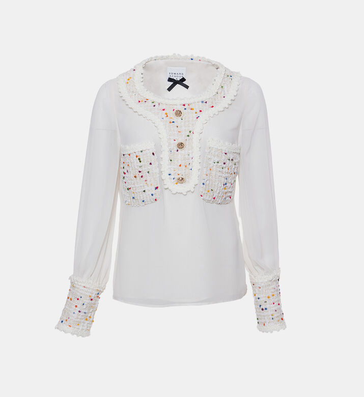 بلوزة بأكمام طويلة بتقليمات تويد