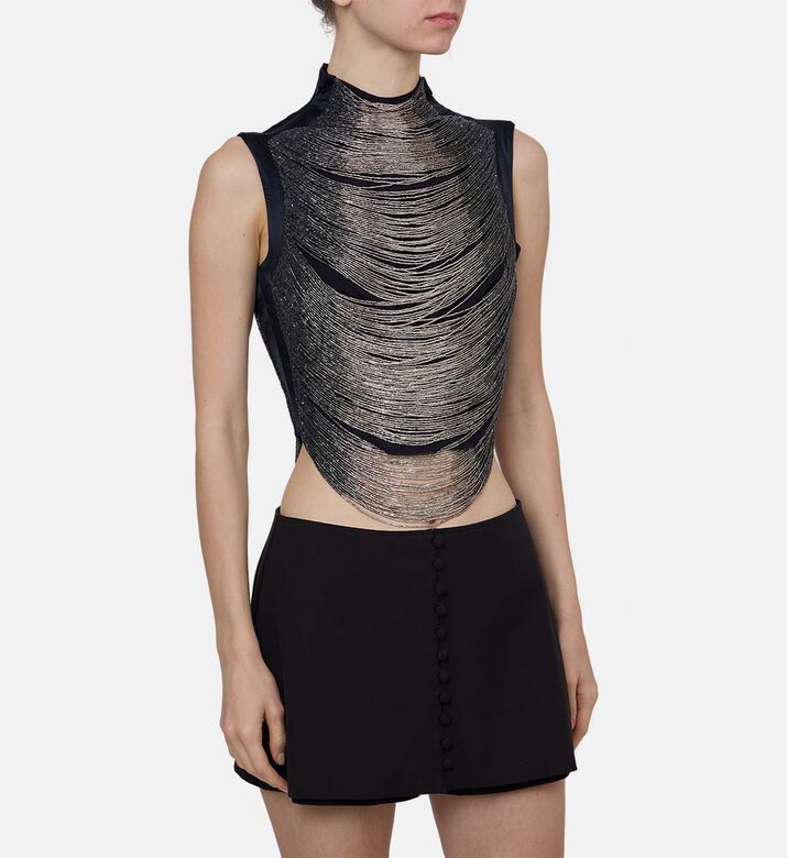 Metallic Fringe-embellishment High Neck Top