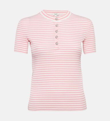 Stripe Rib Knit Band Collar Top Pre-owned