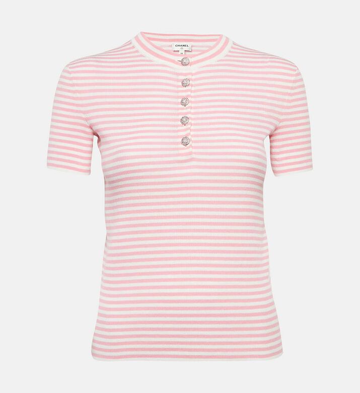 Stripe Rib Knit Band Collar Top Pre-owned