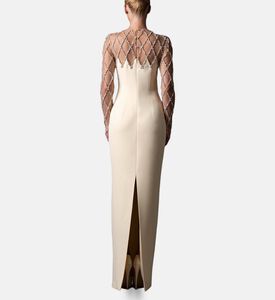 Jean Louis Sabaji Crystal-embellished Long-sleeve Gown, Model View