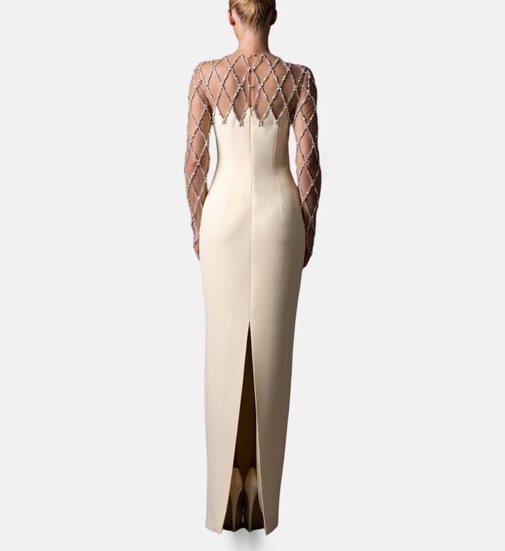 Jean Louis Sabaji Crystal-embellished Long-sleeve Gown, Model View