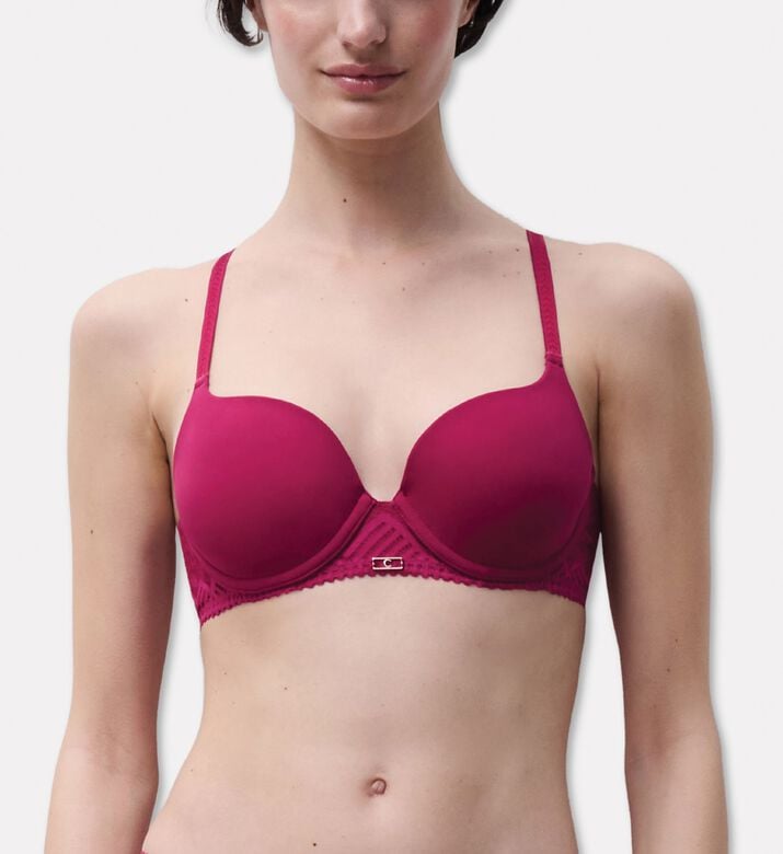 Chantelle Plunge Lace T-shirt Bra, Dark-pink, 105, D, Model View