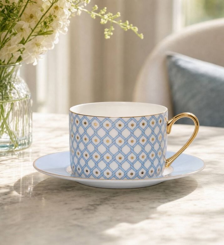 Imperial Gold Handle White Lattice Cylindrical Mug Saucer, Model View