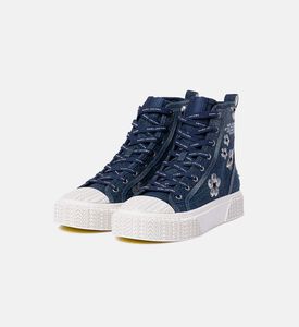 حذاء سنيكرز دنيم عالي الساق بأزهار مزينة بترتر