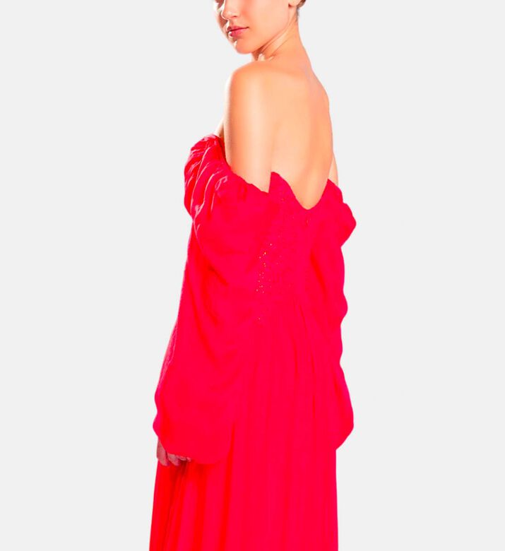 Michael Cinco Rhinestone-embellished Puff Sleeve Maxi Dress, Red, S, Model View