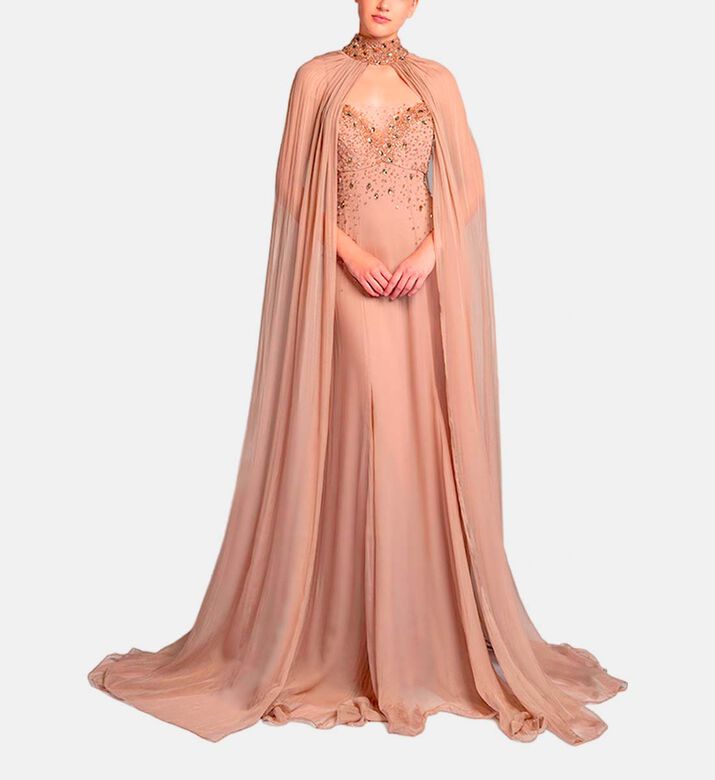 Michael Cinco Beads-embroidery Flared Dress, Light-taupe, M, Model View