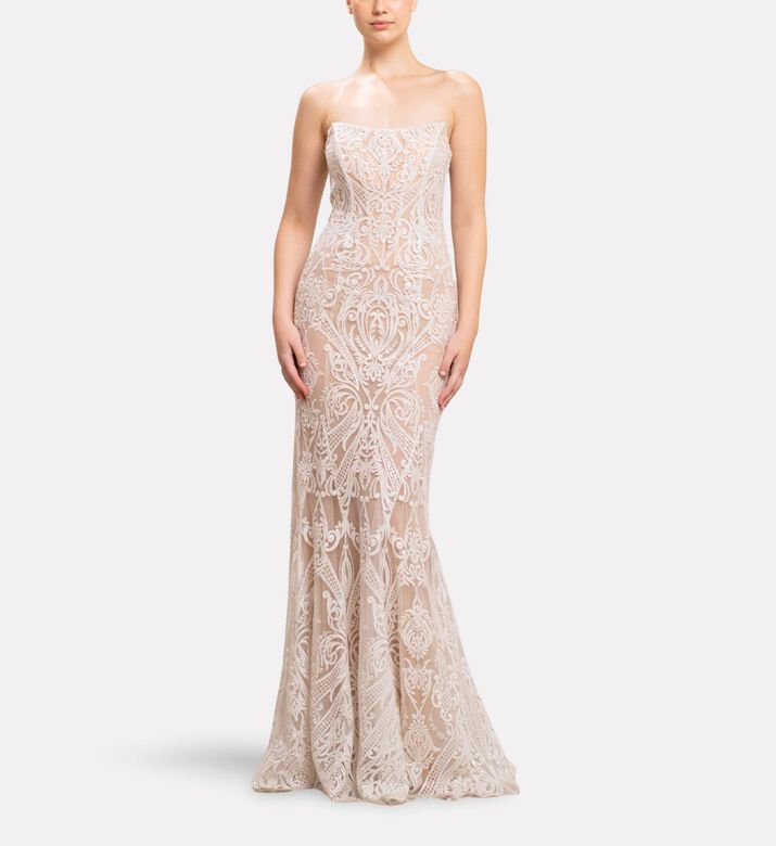 Michael Cinco Thread Embroidered Long Dress, Model View
