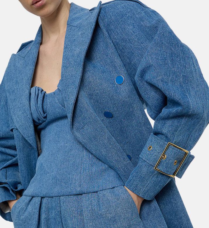 Rowen Rose Buckled Waist Denim Trench Coat, Model View Rowen Rose Buckled Waist Denim Trench Coat, Model View
