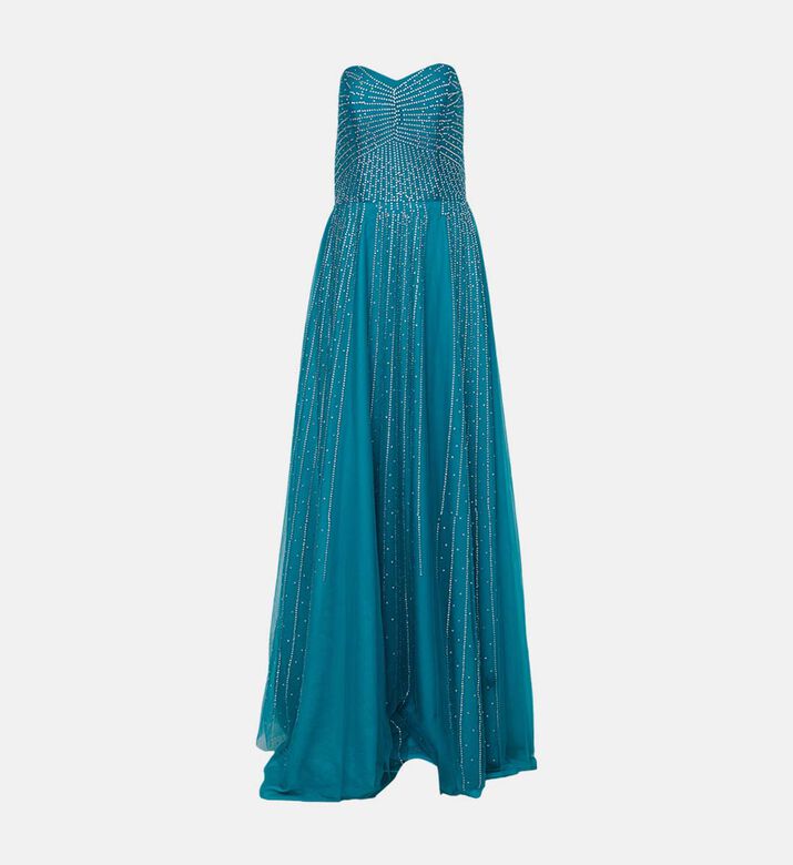 Turquoise Rhinestone Embellished Long Dress