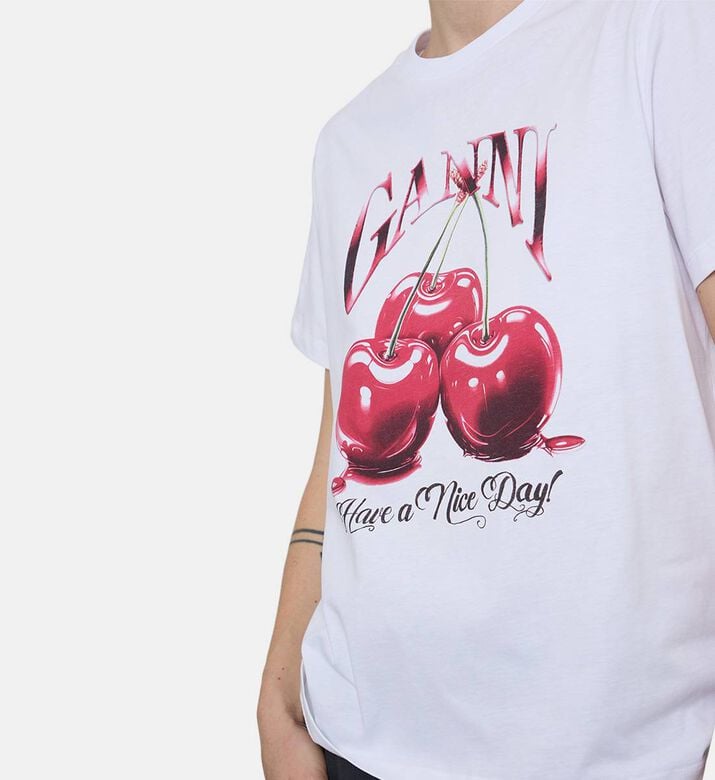 Ganni Cherry-print Regular-fit T-shirt, Model View Ganni Cherry-print Regular-fit T-shirt, Model View