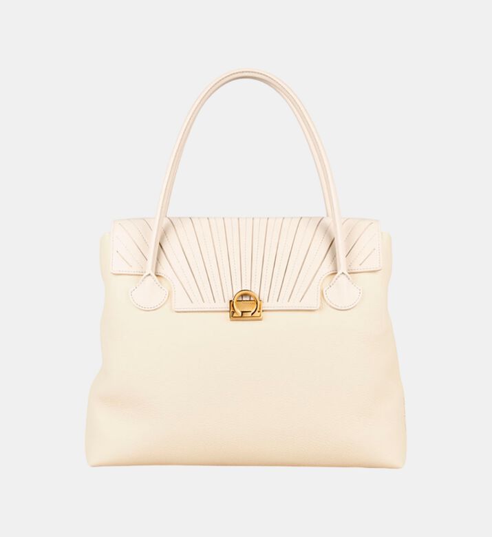 Camille Fournet Signature Calf Leather Pleated Flap Tote Bag, Cream, Packshot View