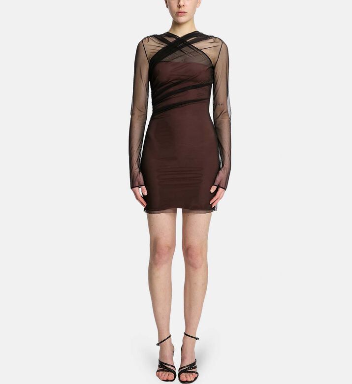 Draped Long-sleeve Tulle Dress