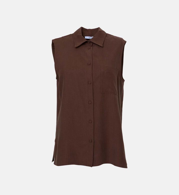 قميص بدون أكمام كتان بأزرار من الأمام