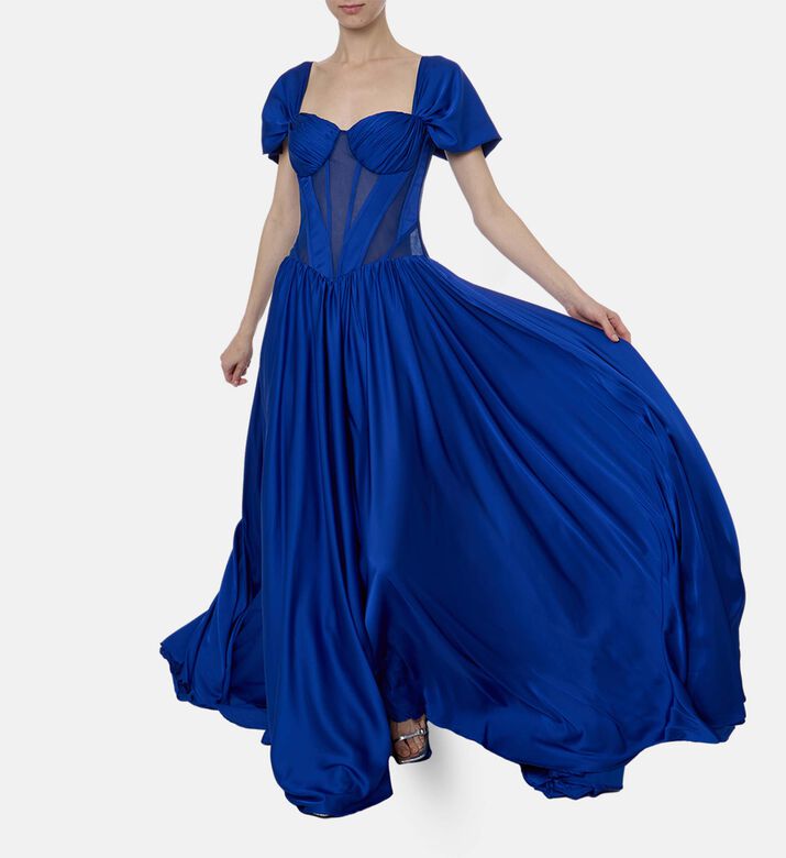 AAVVA Ruffle Structured Bodice Maxi Gown, Blue, M, Model View