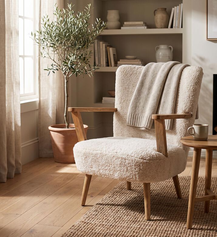 Home Deco and More Shaggy Mango Wood Arm Chair, White, Packshot View