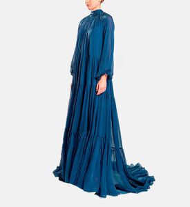 Michael Cinco Long-sleeve High Neck Flared Dress, Blue, Model View