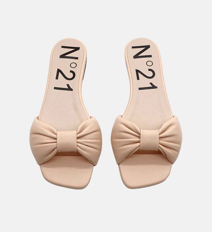 Leather Bow Flat Heel Slides