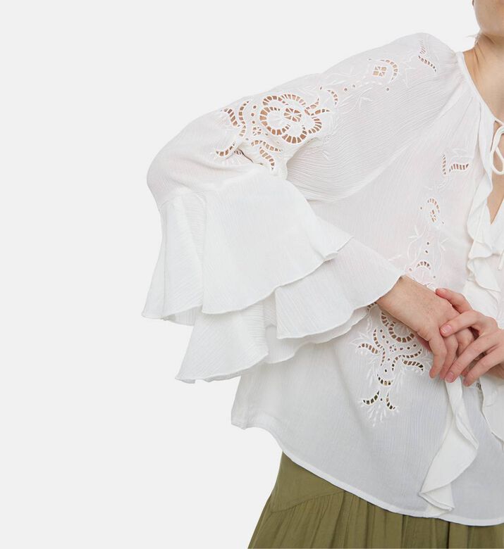 Ba and Sh Floral-embroidery Long-sleeve Blouse, Off-white, S, Model View