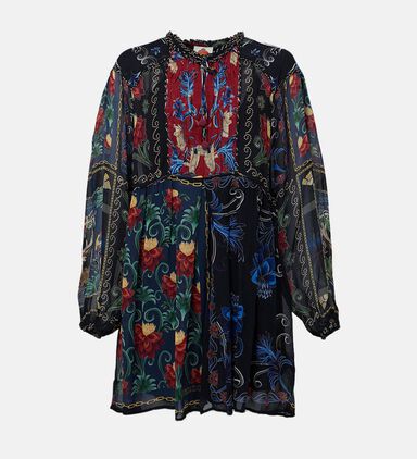 Mixed Arabesque Scarf Back Long-sleeve Mini Dress