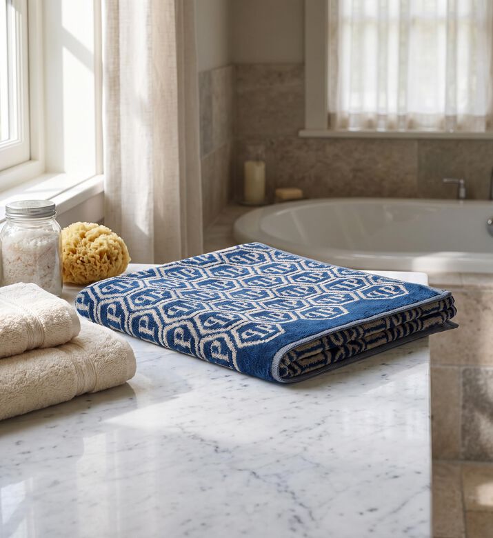 Philipp Plein Rectangular Logo Pattern Bath Towel, Blue, 95x150-cm, Model View