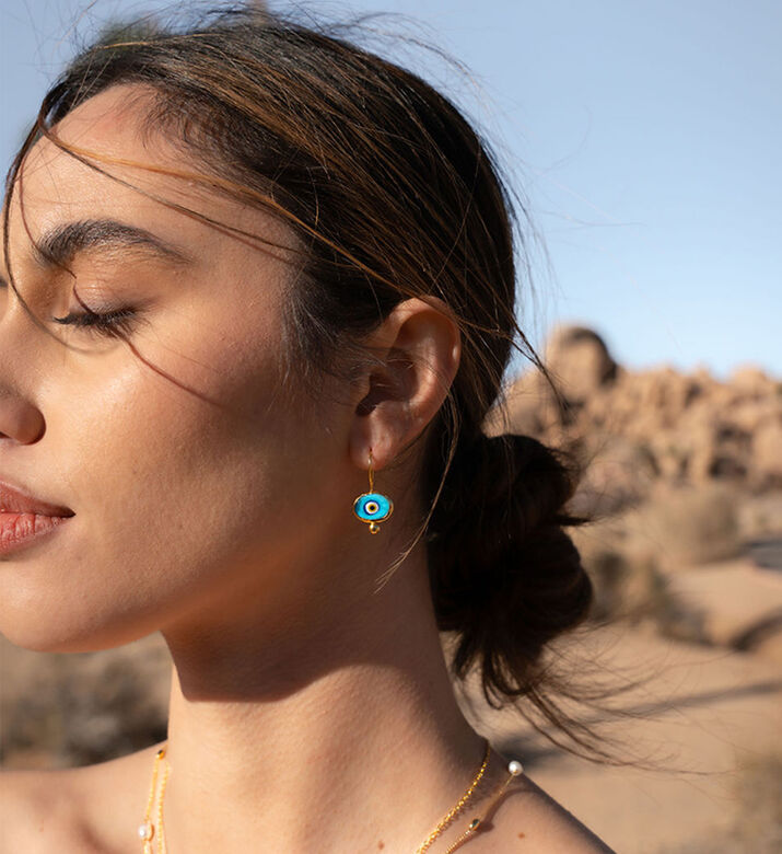 Ottoman Hands Evil Eye Drop Earrings, Blue, Packshot View