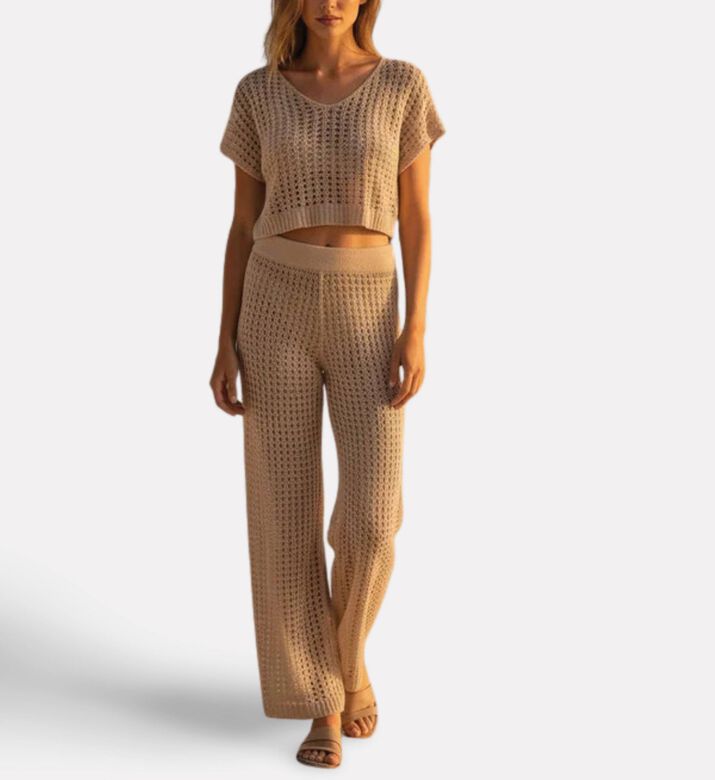 Praias Open-knit Long-sleeve Top, Beige, Model View