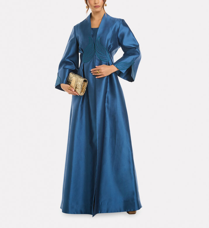 Savanna Alia Leaf Applique Kimono Abaya, Blue, L-xl, Model View