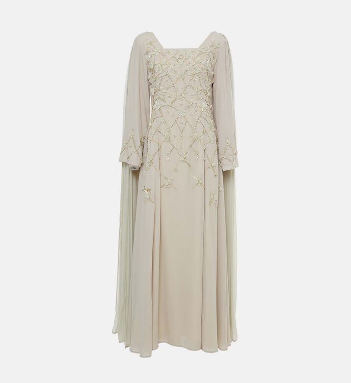 فستان متوسط الطول بأكمام طويلة ومزين بأزهار