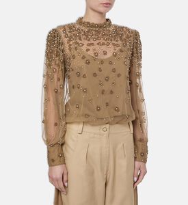Farm Rio Pearl-embroidery Long-sleeve Blouse, Model View