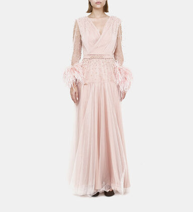 Feather Sequin Embellished Maxi Tulle Satin Dress