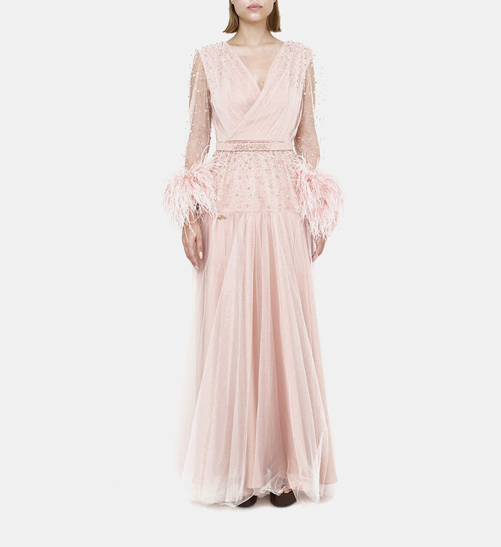 Feather Sequin Embellished Maxi Tulle Satin Dress