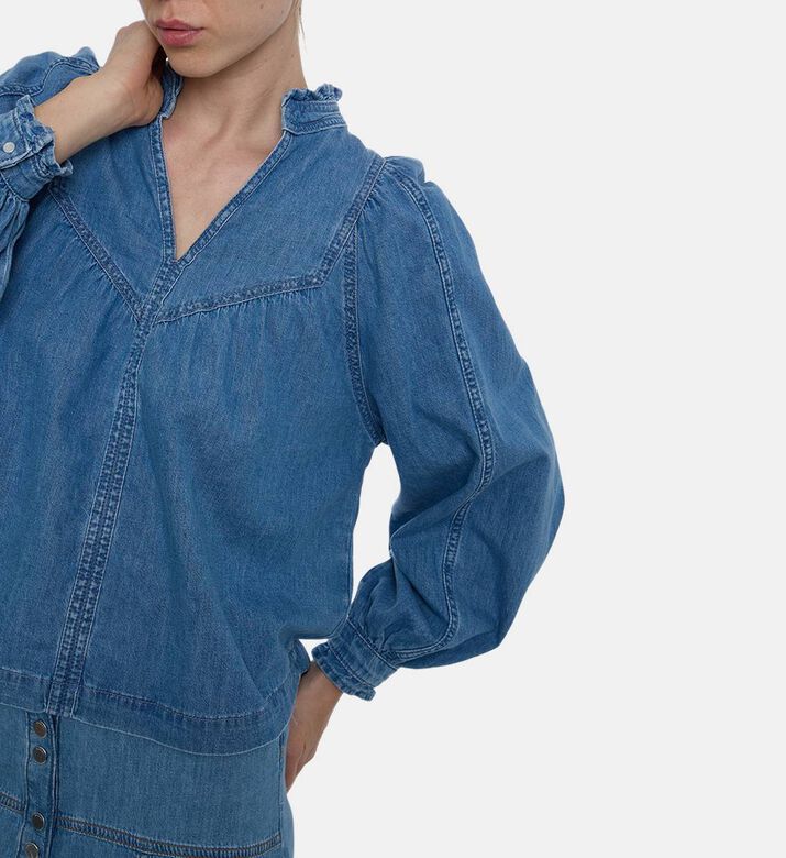 Ba and Sh Lay Light-wash Denim Blouse, Model View Ba and Sh Lay Light-wash Denim Blouse, Model View