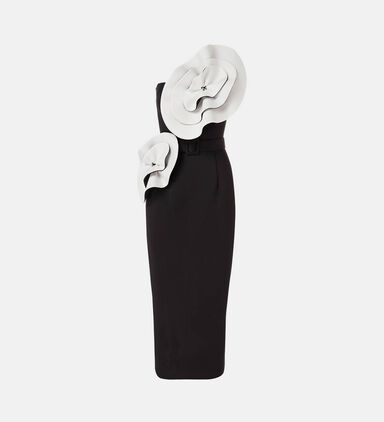Deux Floral Applique Belted Pencil Midi Dress
