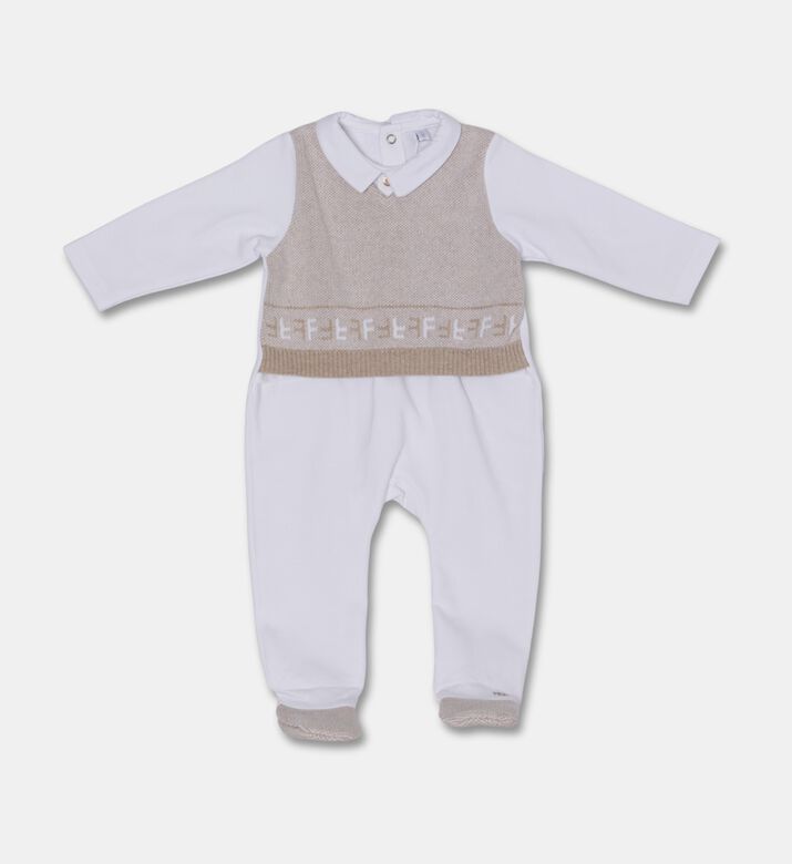 My First Collection Signature Knitted Panel Baby Romper, Beige, 3m, Packshot View
