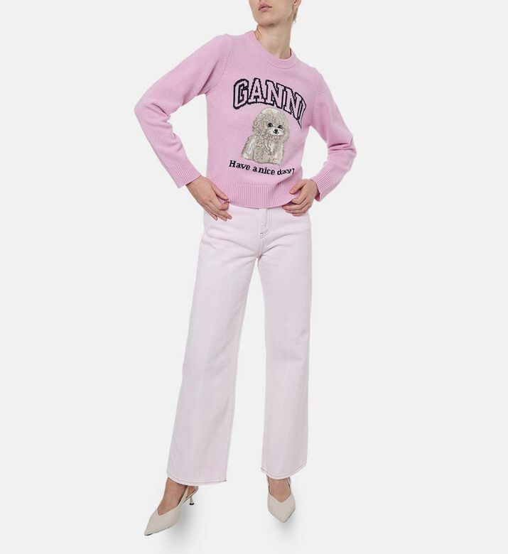 Ganni Dog-embroidery Crewneck Sweater, Model View Ganni Dog-embroidery Crewneck Sweater, Model View