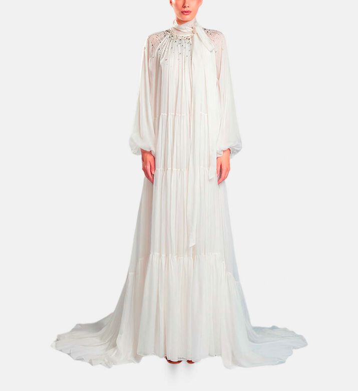 Michael Cinco Long-sleeve High Neck Flared Dress, White, Model View