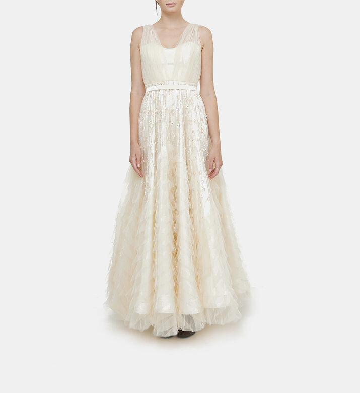 فستان ماكسي واسع بياقة V بأحجار الراين