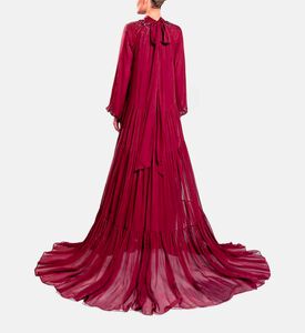 Michael Cinco Long-sleeve High Neck Flared Dress, Burgundy, Model View