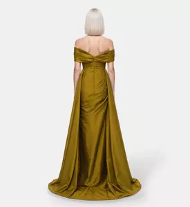 Suzy Matar Satin Off-shoulder Draped Gown, Model View